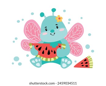 Big cute characters butterfly with watermelon. Colorful vector illustration in flat style. Childrens sticker isolated on a white background. Smiling characters for childish design.