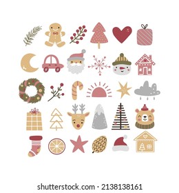 Big cute Christmas collection with traditional Christmas symbols and decorative elements. Modern boho winter holiday icons. Vector illustration isolated on a white background