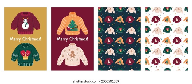 Big Cute Christmas Set With Ugly Sweaters Cards And Patterns. Funny Xmas Jumpers With Snowman, Gingerbread Cookie, Sleigh, Santa And Deers And Backgrounds. Isolated Objects. 