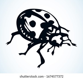Big cute Coccinellidae on light paper text space backdrop. Freehand dark orange ink pen hand drawn bio eco emblem insignia in modern art doodle contour engrave print style. Close up macro detail view