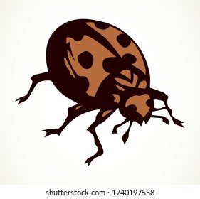 Big cute Coccinellidae on light paper text space backdrop. Freehand dark orange ink pen hand drawn bio eco emblem insignia in modern art doodle contour engrave print style. Close up macro detail view