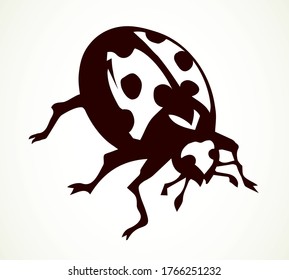 Big cute Coccinellidae on light paper text space backdrop. Freehand dark orange ink pen hand drawn bio eco emblem insignia in modern art doodle contour engrave print style. Close up macro detail view
