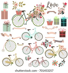 Big cute collection of save the date elements or valentine with bicycle and flowers