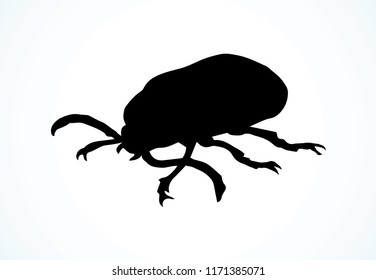 Big cute crawly coriarius prionus on light backdrop. Dark ink hand drawn insecta logotype emblem insignia in retro art etching print style on paper space for text. Close up side detail view