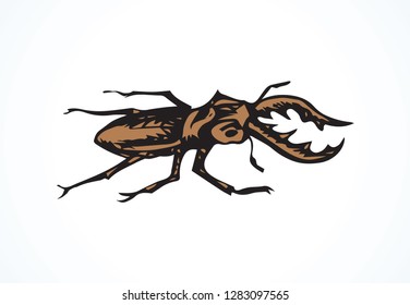 Big cute crawly lucanid stagbeetle on light backdrop. Freehand dark outline ink hand drawn insecta logo emblem sketchy in retro art doodle etch style pen on paper space for text. Close up detail view