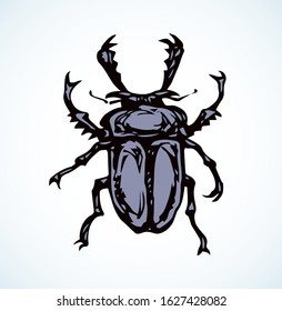 Big cute crawly lucanid stagbeetle on light backdrop. Freehand dark outline ink hand drawn insecta logo emblem sketchy in retro art doodle etch style pen on paper space for text. Close up detail view