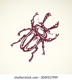 Big cute crawly lucanid stagbeetle on light backdrop. Freehand dark outline ink hand drawn insecta logo emblem sketchy in retro art doodle etch style pen on paper space for text. Close up detail view