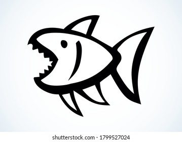 Big cute crazy scary angry comic bass hunt pet. Outline black ink hand drawn small amazon fauna aqua swim zoo emblem design retro art fun simple doodle print style. Closeup side view white text space