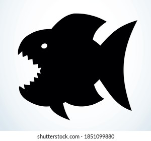 Big cute crazy scary angry comic bass hunt pet. Outline black ink hand drawn small amazon fauna aqua swim zoo emblem design retro art fun simple doodle print style. Closeup side view white text space