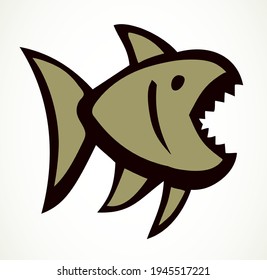 Big cute crazy scary angry comic bass hunt pet. Outline black ink hand drawn small amazon fauna aqua swim zoo emblem design retro art fun simple doodle print style. Closeup side view white text space