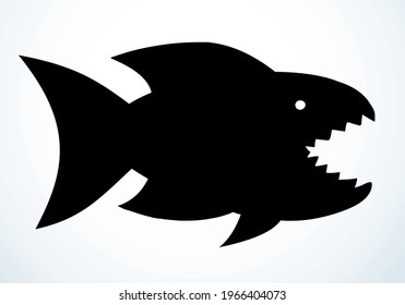 Big cute crazy scary angry comic bass hunt pet. Outline black ink hand drawn small amazon fauna aqua swim zoo emblem design retro art fun simple doodle print style. Closeup side view white text space