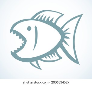 Big cute crazy scary angry comic bass hunt pet. Outline black ink hand drawn small amazon fauna aqua swim zoo emblem design retro art fun simple doodle print style. Closeup side view white text space