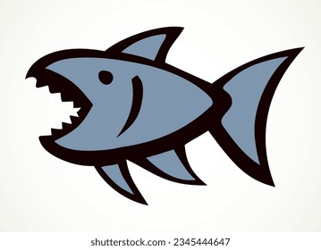 Big cute crazy scary angry comic bass hunt pet. Outline black ink hand drawn small amazon fauna aqua swim zoo emblem design retro art fun simple doodle print style. Closeup side view white text space