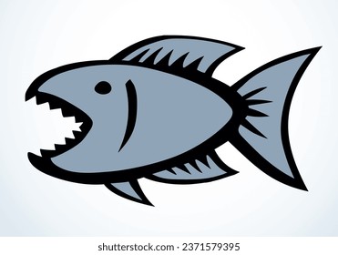 Big cute crazy scary angry comic bass hunt pet. Outline black ink hand drawn small amazon fauna aqua swim zoo emblem design retro art fun simple doodle print style. Closeup side view white text space