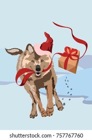big cute dog with a gift in his teeth running through the snow