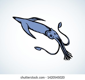Big cute exotic calamary monster on white backdrop. Freehand linear black ink hand drawn picture logo sketchy in retro art scribble etching graphic style pen on paper. Closeup view with space for text