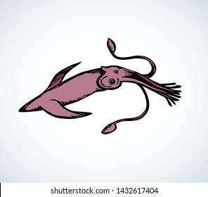 Big cute exotic calamary monster on white backdrop. Freehand linear black ink hand drawn picture logo sketchy in retro art scribble etching graphic style pen on paper. Closeup view with space for text