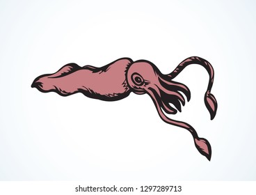 Big cute exotic red calamary monster on white backdrop. Freehand line black ink hand drawn picture logo sketchy in retro art scribble etching graphic style. Closeup view with space for text