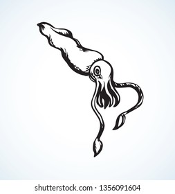 Big cute exotic red calamary monster on white backdrop. Freehand line black ink hand drawn picture logo sketchy in retro art scribble etching graphic style. Closeup view with space for text