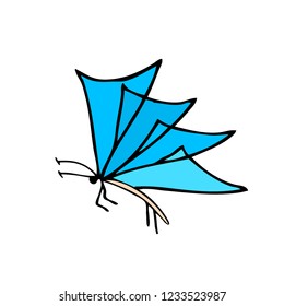 Big cute fly hexapod bug isolated on white backdrop. Freehand linear black ink hand drawn logo in art retro scribble design style pen on paper. View close up with space for text on light sky