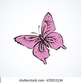 Big cute fly hexapod bug isolated on white backdrop. Freehand linear black ink hand drawn logo in art retro scribble design style pen on paper. View close up with space for text on light sky