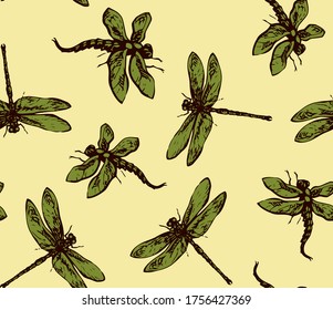 Big cute green anisoptera set ornament. Light paper fabric backdrop. Freehand dark black ink pen hand drawn logo pictogram design. Retro artistic doodle contour etch print style. Close up detail view