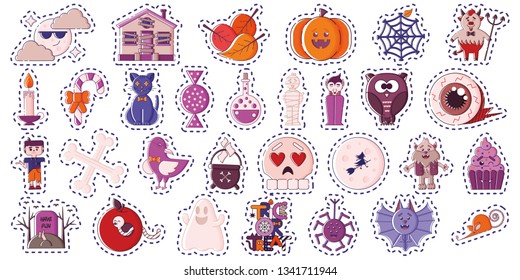 Big cute Halloween sticker pack: holiday attributes and characters. White background. Flat linear style illustration. Vector.