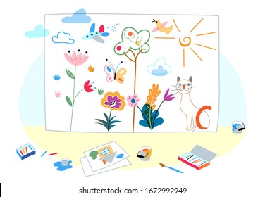 Big cute kid drawing made by crayon and painting. Drawn cat, flower, cloud, airplane, tree, bird, butterfly. Small children picture with house. Painting accessory on floor. Vector illustration