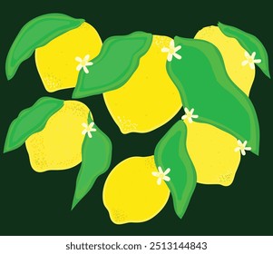big cute lemons with leaves and flowers. Lemons, leaves and flowers hand drawn illustration. It is suitable for packaging, wallpaper, background and more. Lemons illustration. Lemon cipart