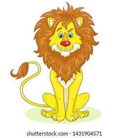 Big Cute Lion Sitting. In Cartoon Style. Isolated On White Background.  Vector Illustration