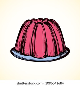 Big cute magenta tasty redcurrant berry flavor cool jell torte on plate on white backdrop. Vibrant crimson color hand drawn icon sign logo sketch in art retro scribble graphic style and space for text