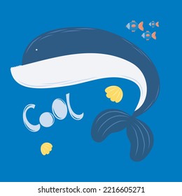 Big Cute Ocean Whale Character Fish Sea Creatures Flat Design Kids Tshirt 
Print 