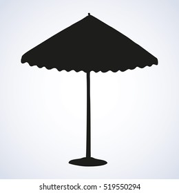 Big cute retro canvas velarium from sun or rain on high metal leg stand on sand. Black ink hand drawn backdrop sketch in art vintage engraving style with space for text on white sky