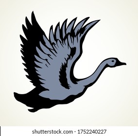 Big cute rural water bill beak gaggle pet set. Light text space. Outline black hand drawn village aquatic neck plumage fauna fly logo emblem design. Retro art doodle cartoon print style. Closeup view