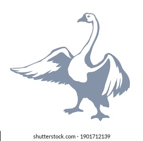Big cute rural water bill beak gaggle pet set. Light text space. Outline black hand drawn village aquatic neck plumage fauna fly logo emblem design. Retro art doodle cartoon print style. Closeup view