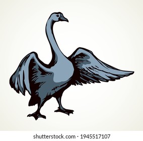 Big cute rural water bill beak gaggle pet set. Light text space. Outline black hand drawn village aquatic neck plumage fauna fly logo emblem design. Retro art doodle cartoon print style. Closeup view