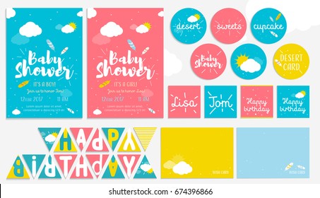 Big cute set for baby shower and birthday party. Invitation cards, wish and dessert cards, happy birthday flags. Design templates for girl and boy or twins, summer bright colors.