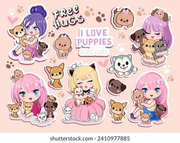 Big cute set with cartoon anime girls with little kittens and dogs. Fashion patch stickers. Vector illustration print in kawaii style for t-shirt on a pink background