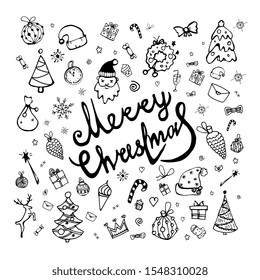 Gran conjunto adorable de elementos de diseño navideño en estilo doodle con árbol, corona, ciervo, arco, copos de nieve, estrellas, juguetes, bolas, chupete, dulces, caja de regalo y copos de nieve. Diseño de vectores de invierno dibujado a mano.