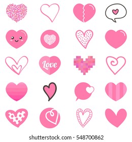 Big cute set, collection of pink flat design and doodle hearts for valentine's day design, web and print, isolated on white background.