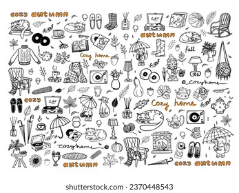 Big cute set of cozy autumn and cozy home in doodle style. Great for decoration interior, print posters, banner, greeting card, decoration, packaging. Isolated on white background.