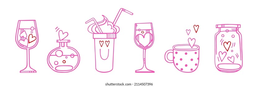 A big cute set of love drinks. A set of cliparts for friendship and love for Valentine's Day. Cartoon vector hand-drawn illustrations in doodle style. A collection with a cocktail, a mug and hearts.