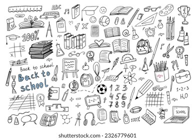 Big cute set of school icons. Back to school. Doodle style. Good for textile fabric design, wrapping paper, banner, posters, cards, stickers, professional design and website wallpapers.