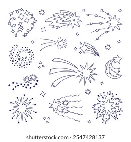 Big cute set of star dust, spiral twinkle cloud, falling star clipart with hand drawn doodle outline. Sparkling magical stardust, comet shower. Astrology, astronomy, universe, Christmas element.