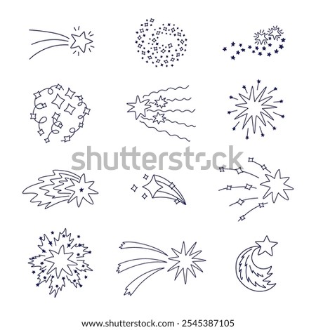 Big cute set of star dust, spiral twinkle cloud, falling star clipart with hand drawn doodle outline. Sparkling magical stardust, comet shower. Astrology, astronomy, universe, Christmas element.