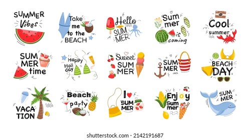 Big cute set of summer labels, stickers, logos, hand drawn tags and elements for summer vacation, travel, beach holiday, sun. Cocktail, bag, ice cream, bikini, food, drinks, palm. Vector illustration
