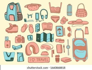 Big cute set of travel in cartoon style. Vector illustration.Tourism and summer sketch with travelling elements:bikini,sunglasses,camera,cocktail, ticket,suitcase, sneaker,hat,tablet.