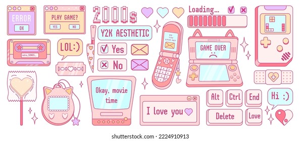 Big cute sticker pack in trendy retro y2k style. Gamer kawaii elements set. Old game technology. Glamour 2000s. Nostalgia for 1990s -2000s.