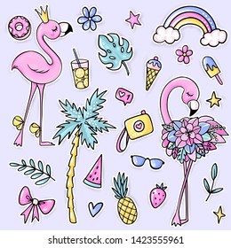 Big cute summer stickers set with flamingos, palm tree, ice cream, watermelon, sunglasses, pineapple, camera, lemonade, rainbow. Stickers, pins badges patches Vector elements in flat style