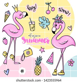 Big cute summer stickers set with flamingos, ice cream, watermelon, pineapple, camera, lemonade, cherry. Stickers, pins badges, patches Vector elements in flat style